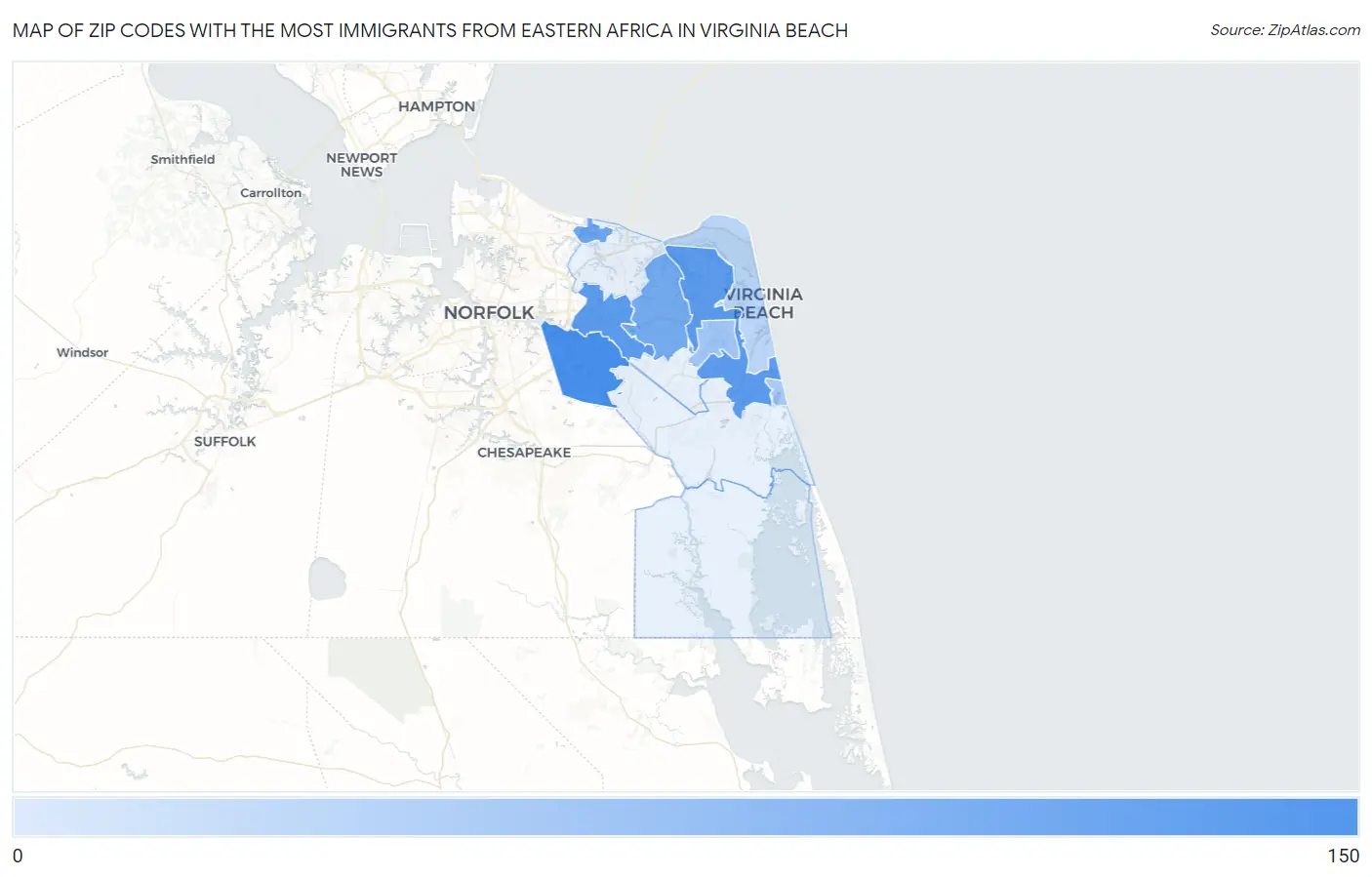 Zip Codes with the Most Immigrants from Eastern Africa in Virginia Beach Map