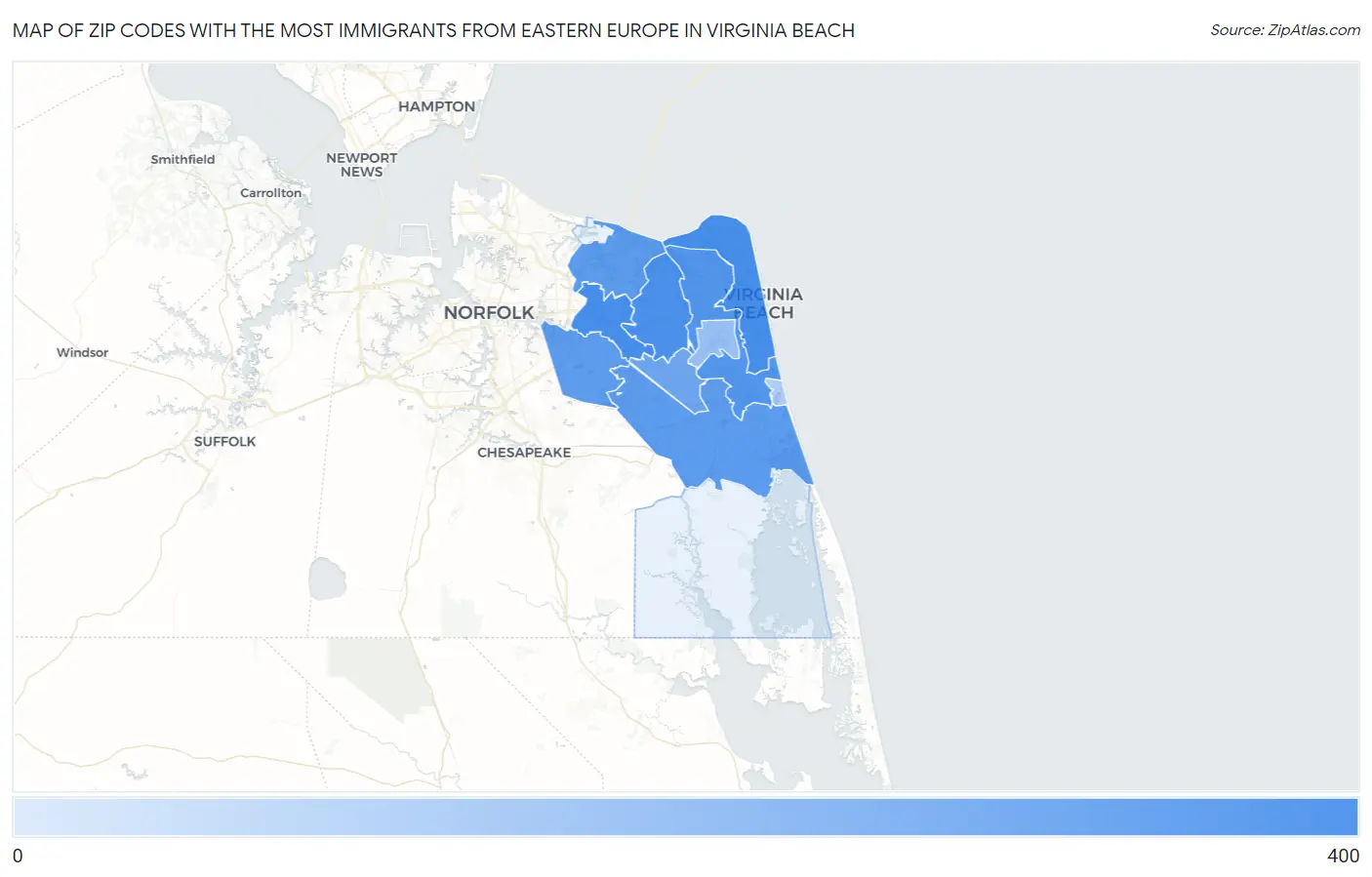 Zip Codes with the Most Immigrants from Eastern Europe in Virginia Beach Map