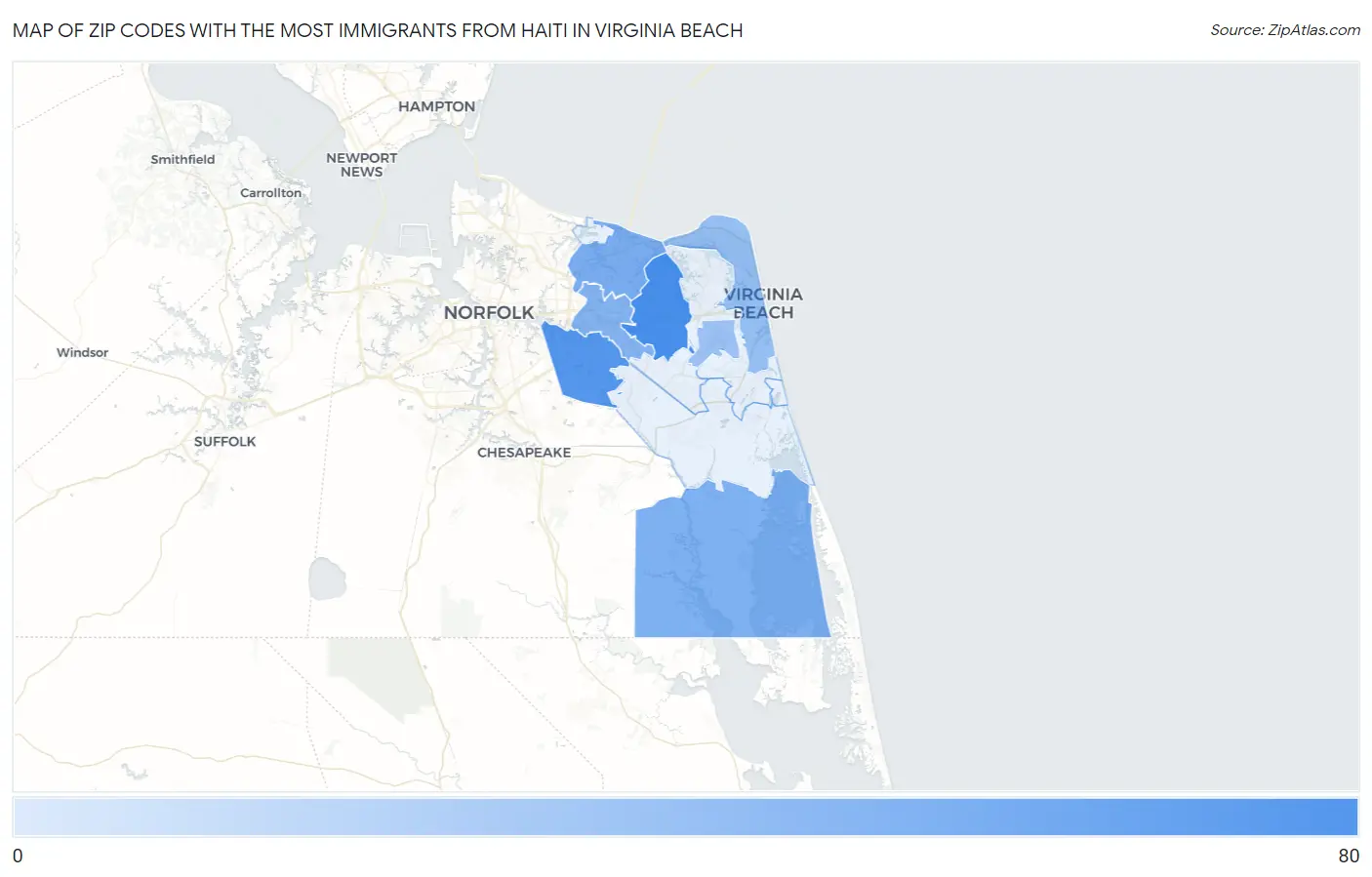 Zip Codes with the Most Immigrants from Haiti in Virginia Beach Map