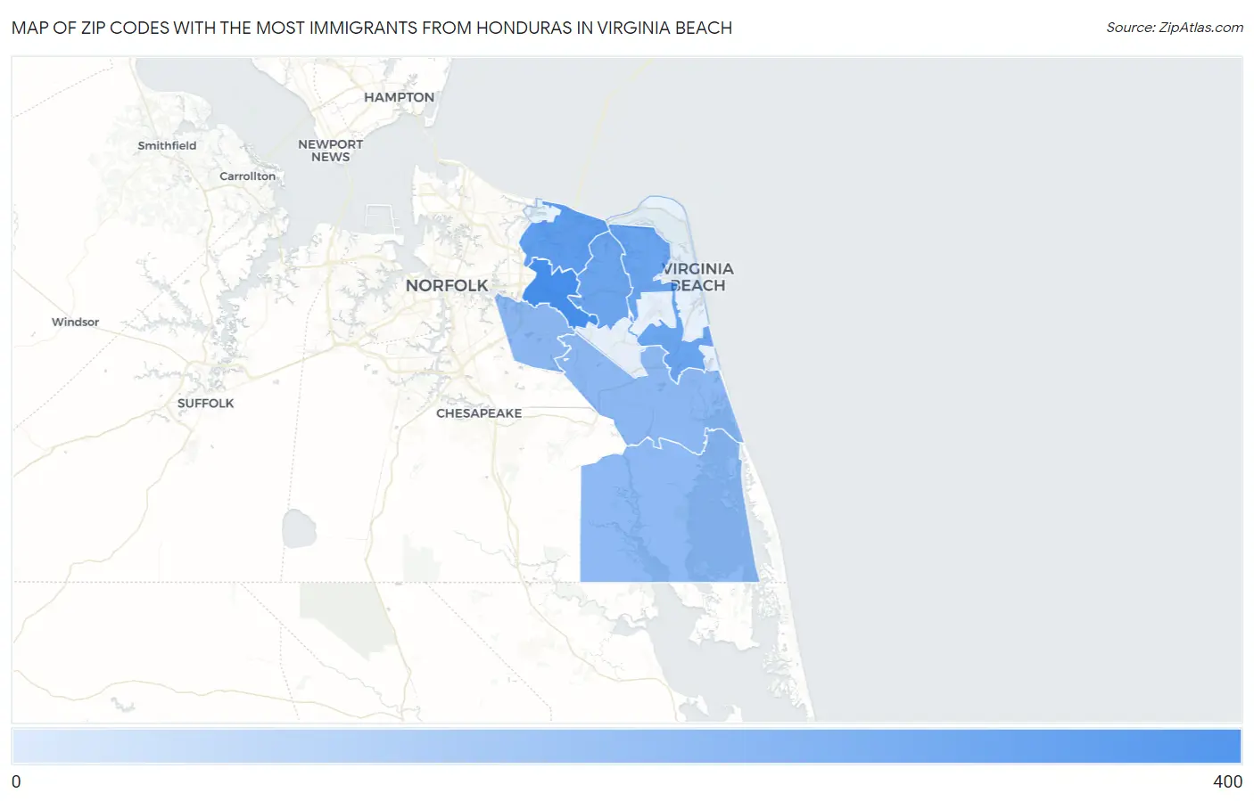 Zip Codes with the Most Immigrants from Honduras in Virginia Beach Map