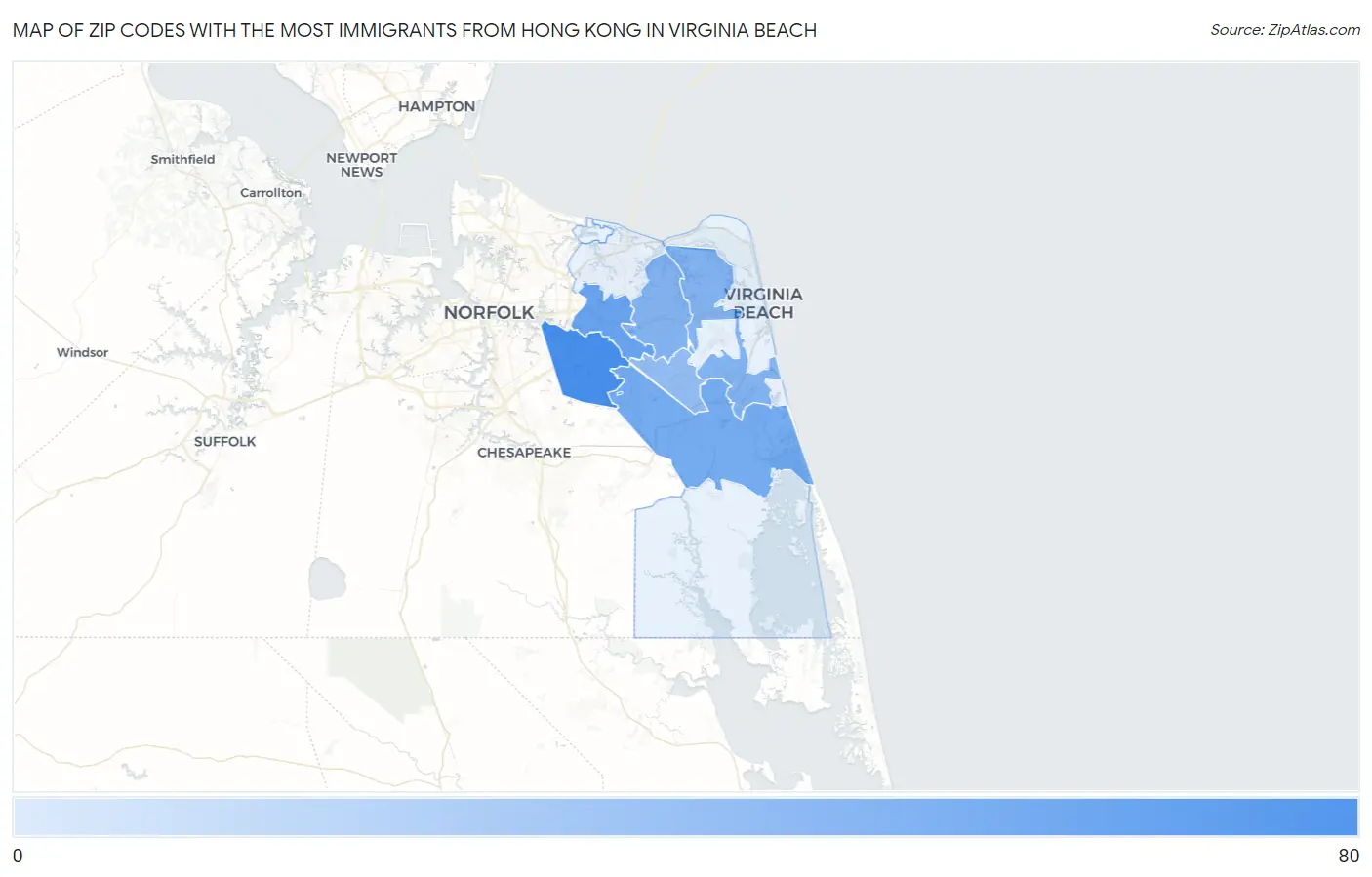Zip Codes with the Most Immigrants from Hong Kong in Virginia Beach Map