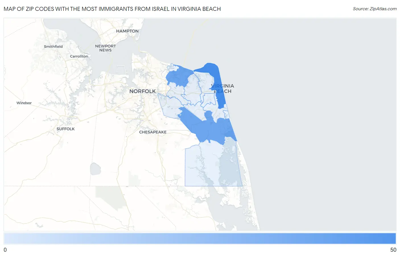 Zip Codes with the Most Immigrants from Israel in Virginia Beach Map