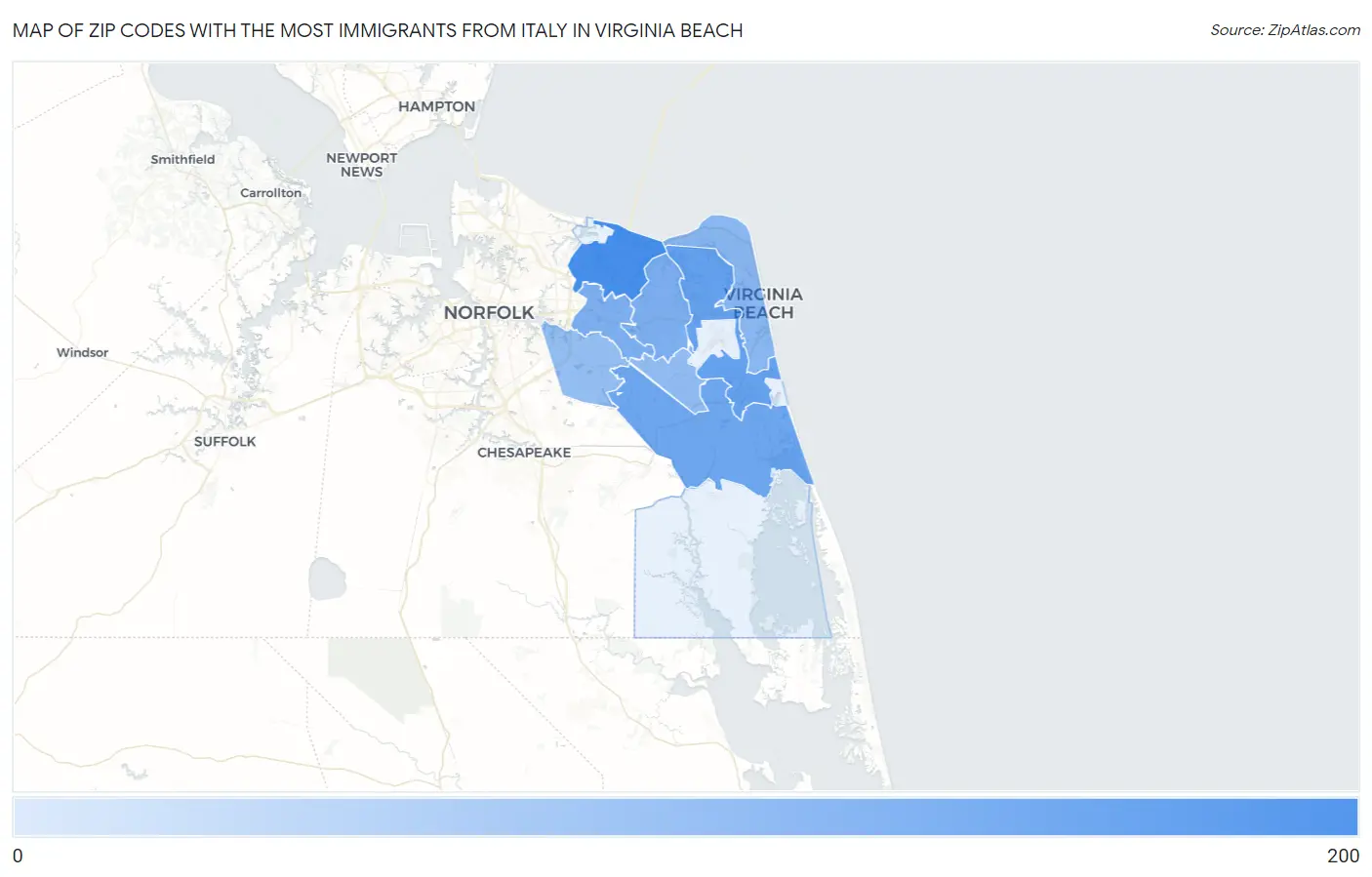 Zip Codes with the Most Immigrants from Italy in Virginia Beach Map