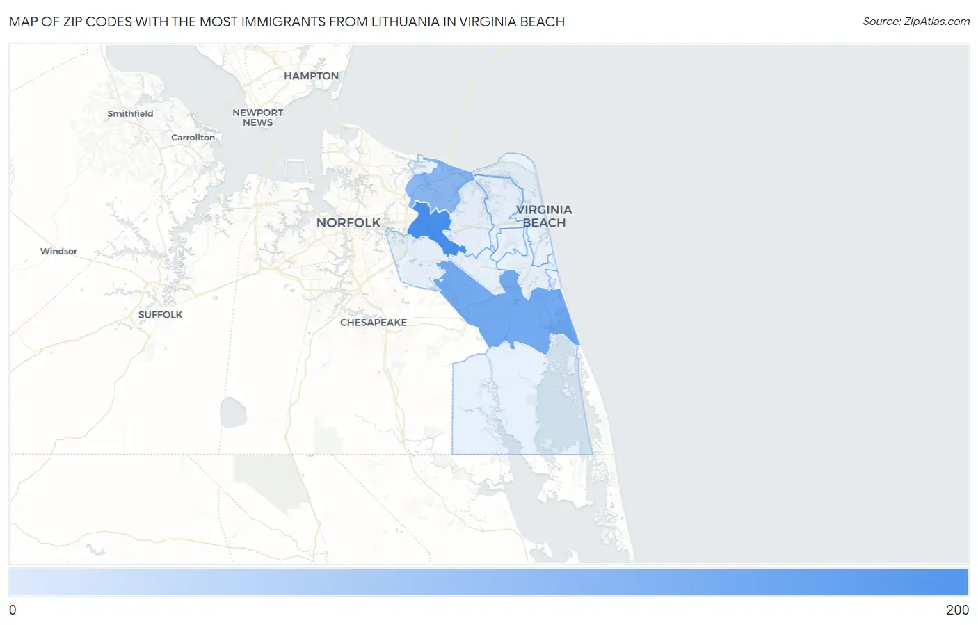 Zip Codes with the Most Immigrants from Lithuania in Virginia Beach Map