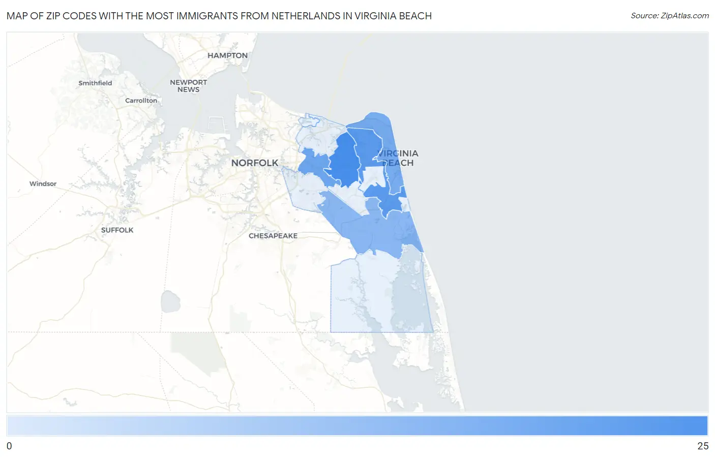 Zip Codes with the Most Immigrants from Netherlands in Virginia Beach Map