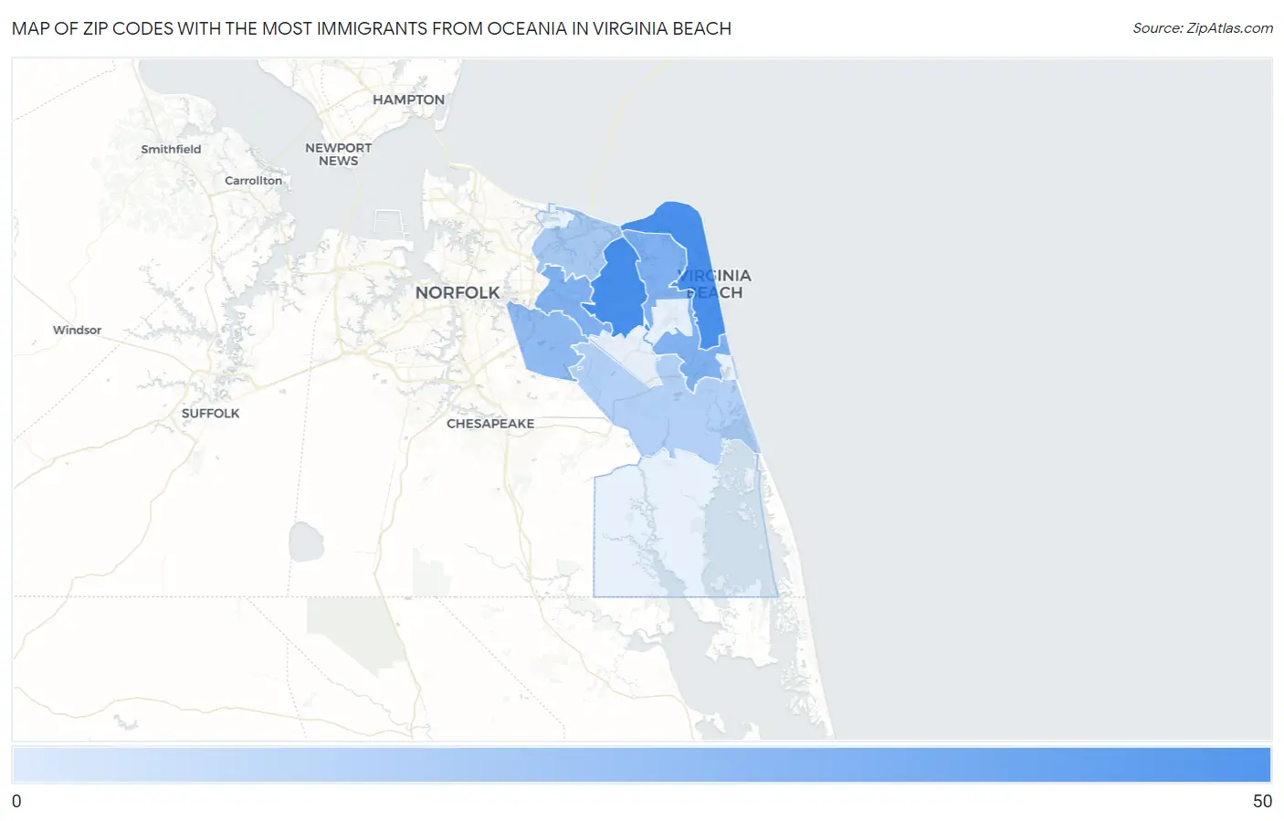 Zip Codes with the Most Immigrants from Oceania in Virginia Beach Map