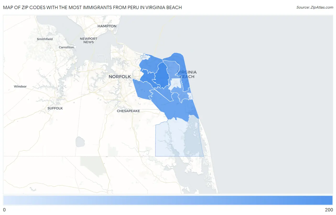 Zip Codes with the Most Immigrants from Peru in Virginia Beach Map
