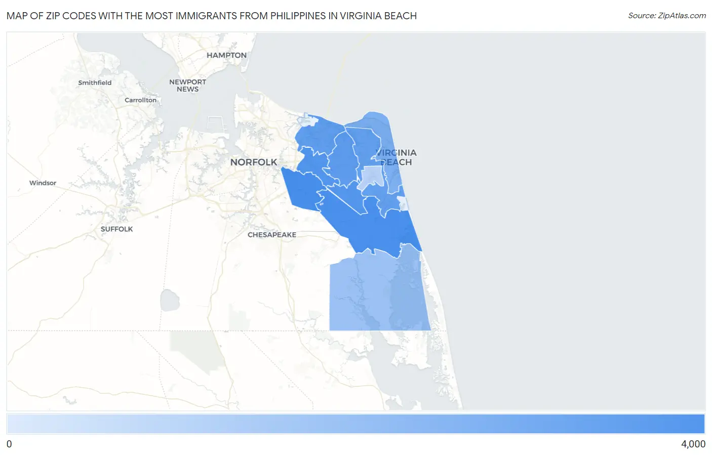 Zip Codes with the Most Immigrants from Philippines in Virginia Beach Map