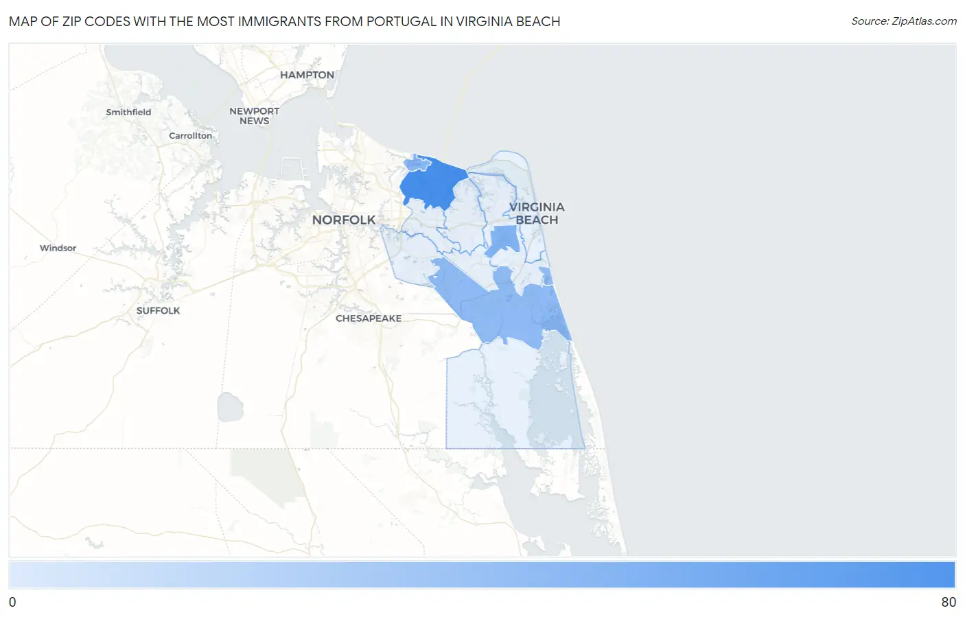 Zip Codes with the Most Immigrants from Portugal in Virginia Beach Map