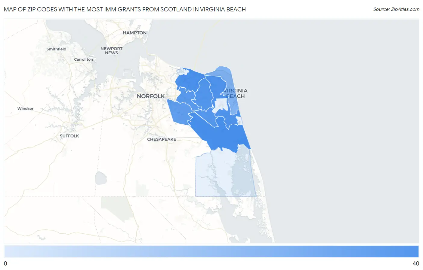 Zip Codes with the Most Immigrants from Scotland in Virginia Beach Map