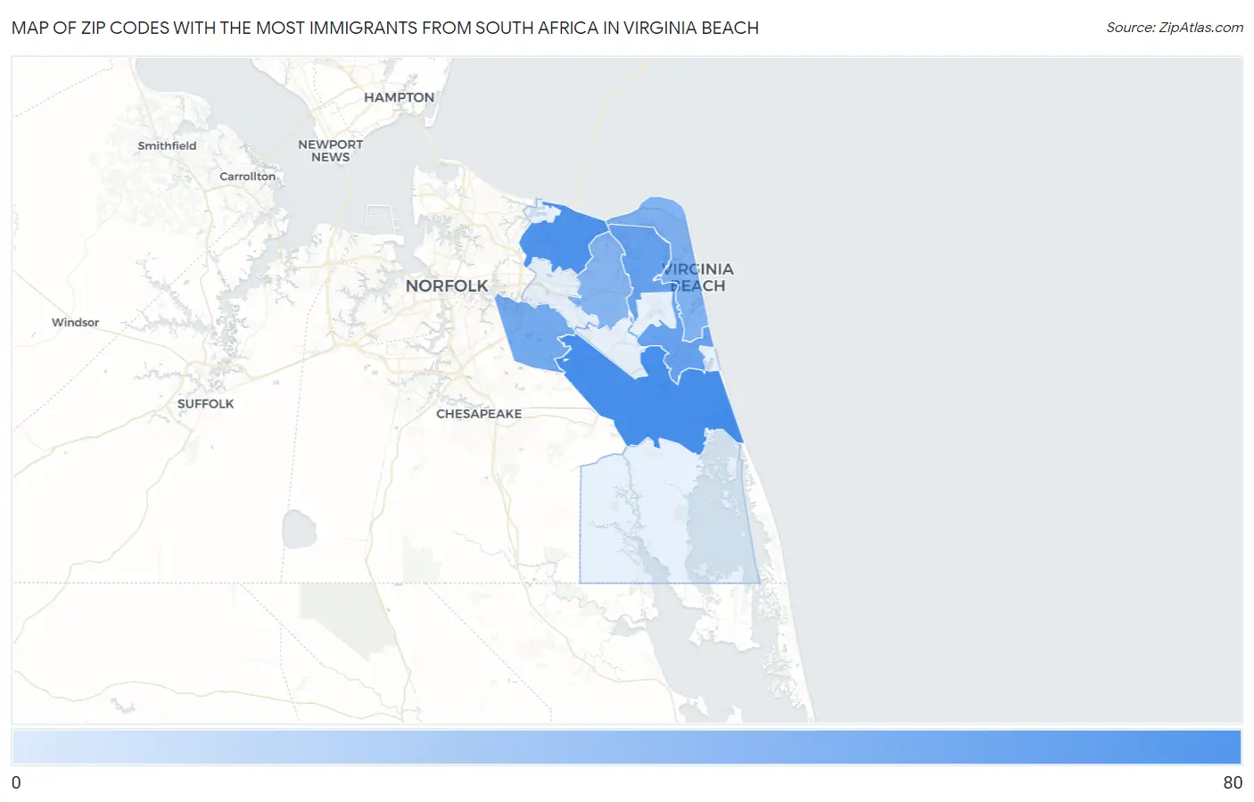 Zip Codes with the Most Immigrants from South Africa in Virginia Beach Map