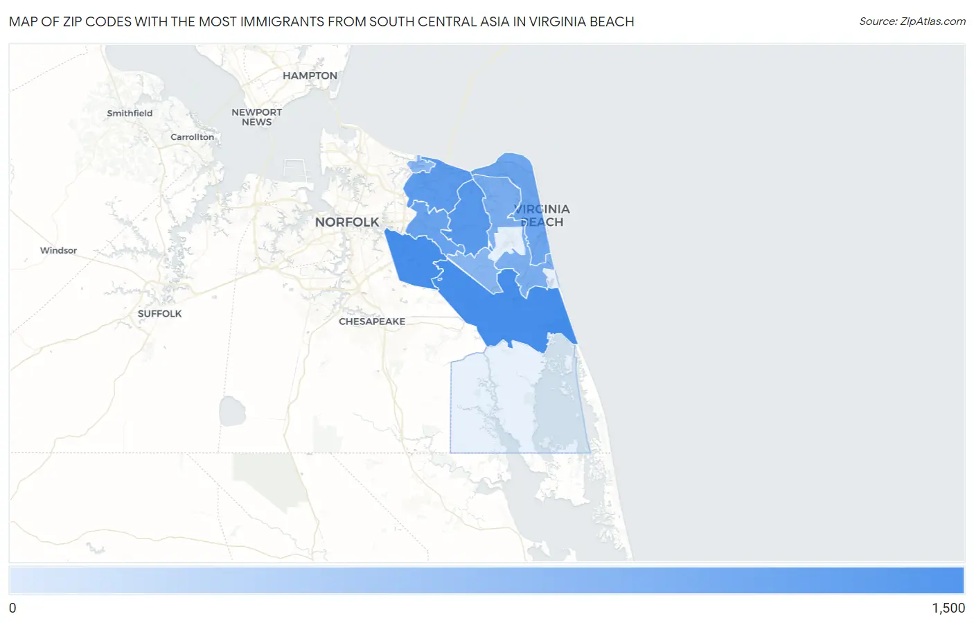 Zip Codes with the Most Immigrants from South Central Asia in Virginia Beach Map