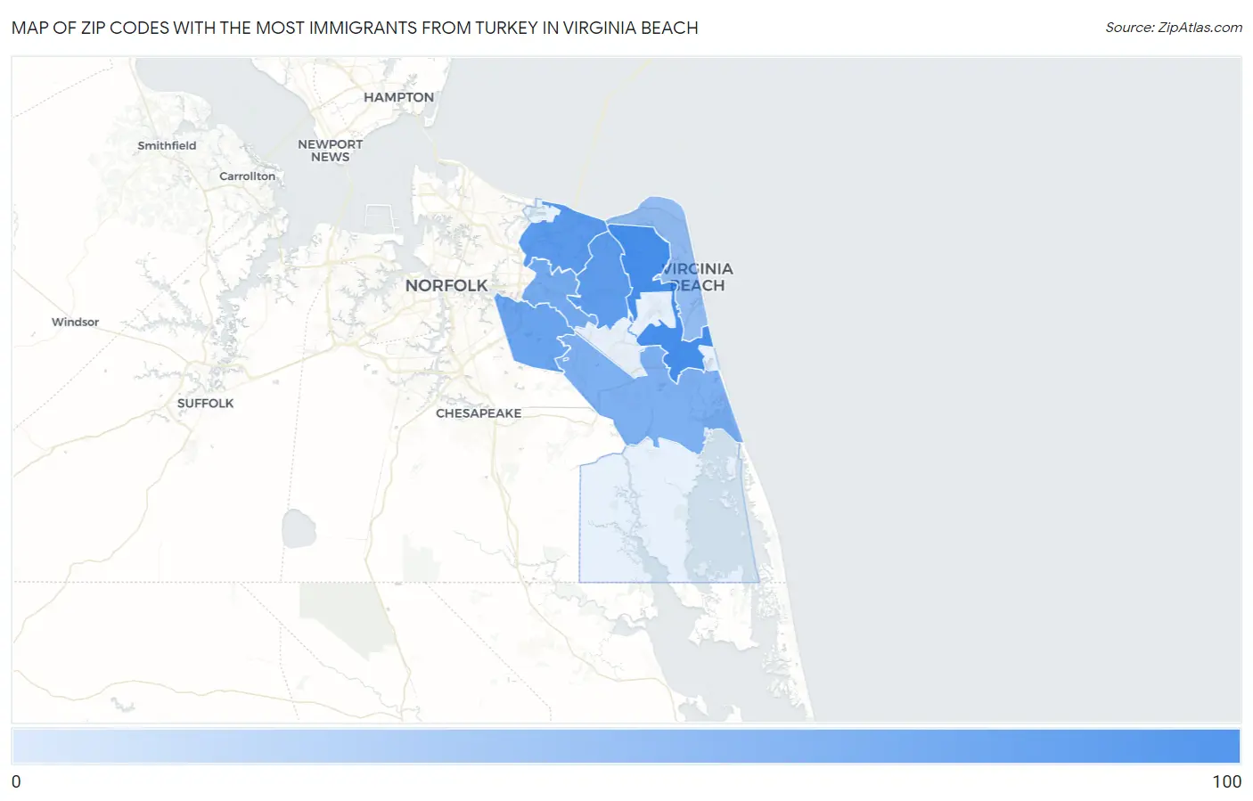 Zip Codes with the Most Immigrants from Turkey in Virginia Beach Map