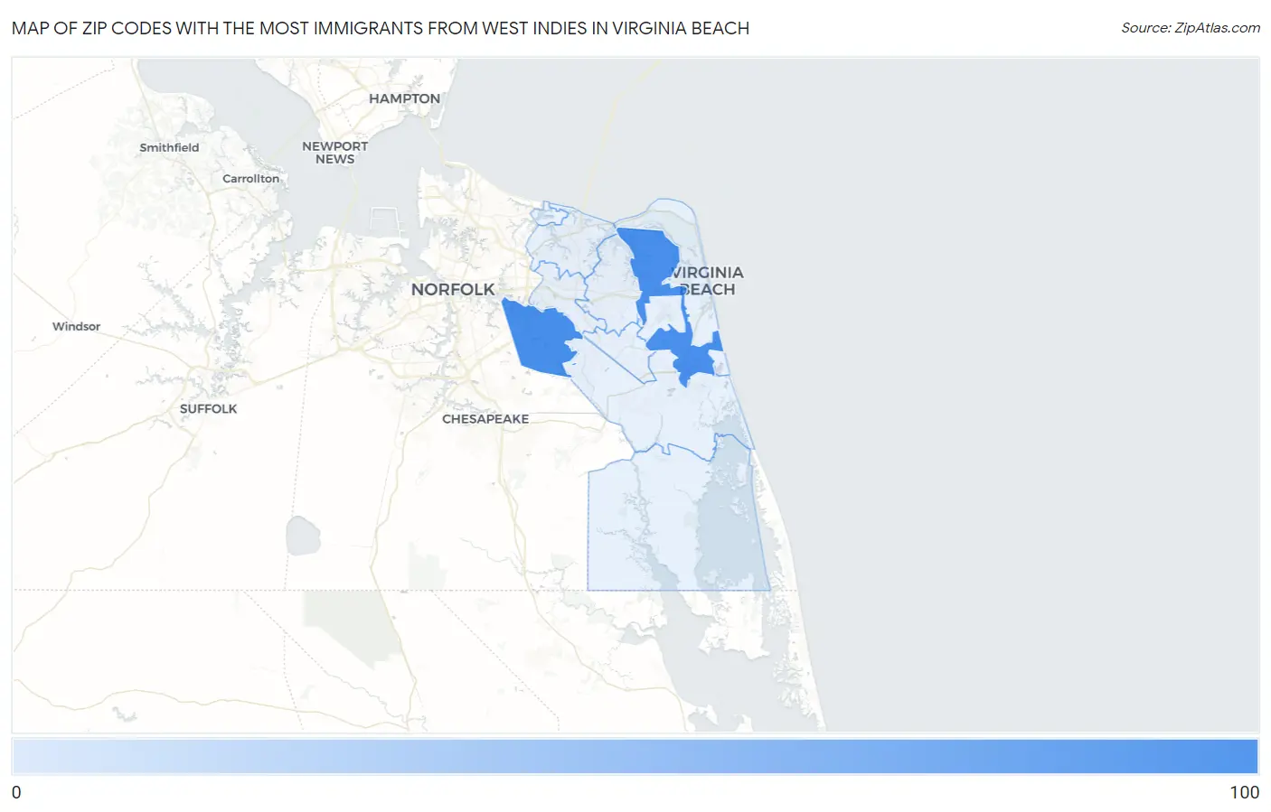 Zip Codes with the Most Immigrants from West Indies in Virginia Beach Map