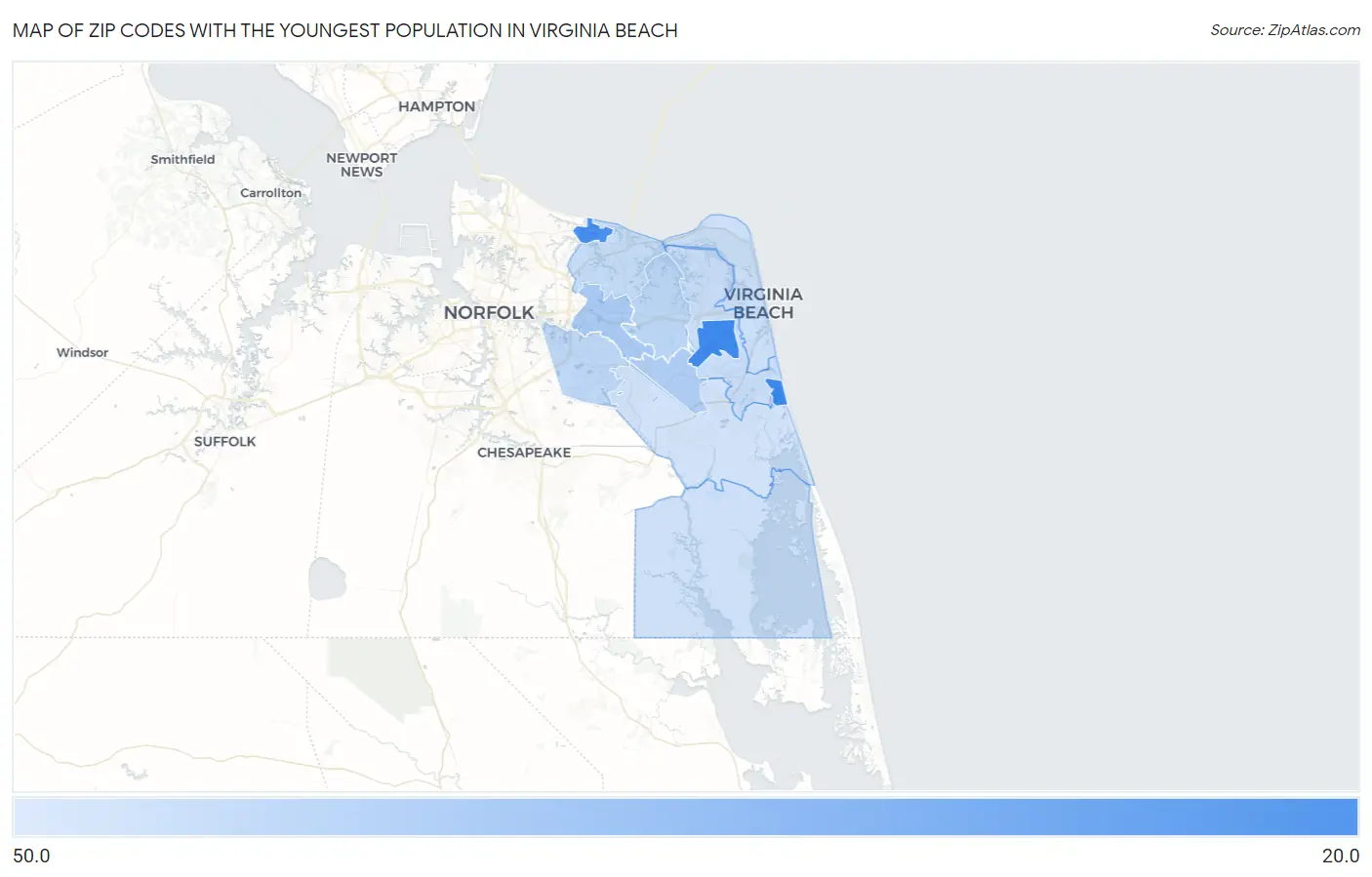 Zip Codes with the Youngest Population in Virginia Beach Map