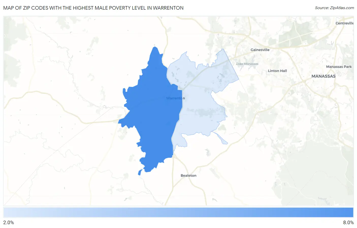Zip Codes with the Highest Male Poverty Level in Warrenton Map