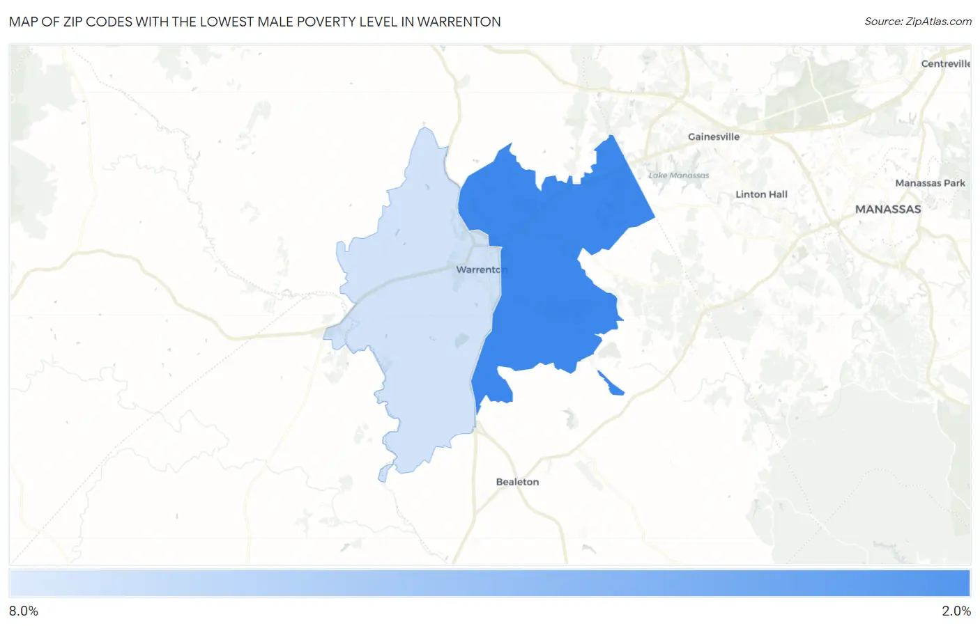 Zip Codes with the Lowest Male Poverty Level in Warrenton Map