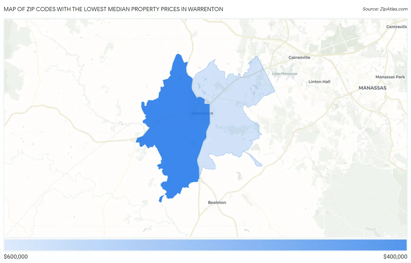 Zip Codes with the Lowest Median Property Prices in Warrenton Map