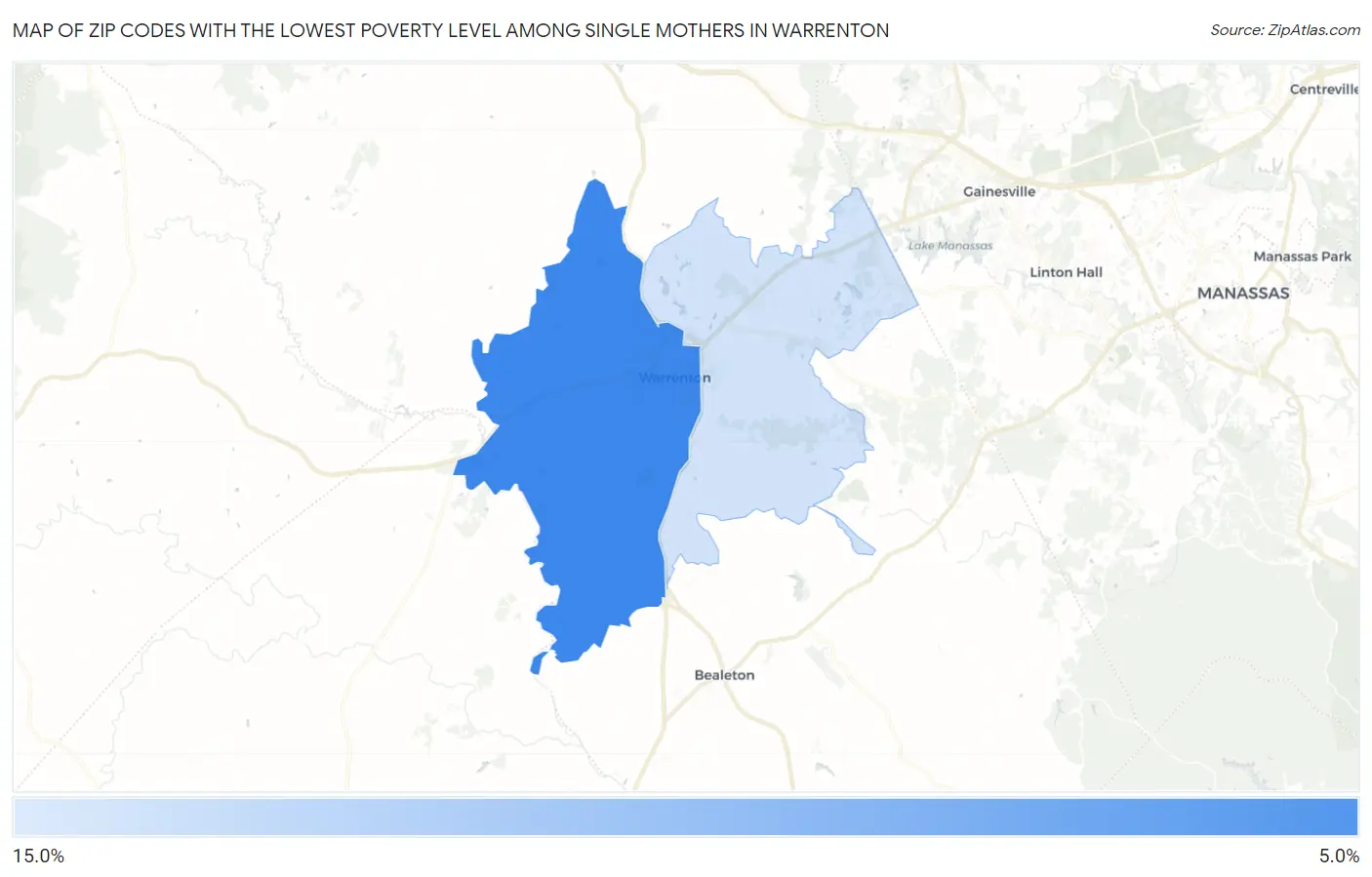 Zip Codes with the Lowest Poverty Level Among Single Mothers in Warrenton Map