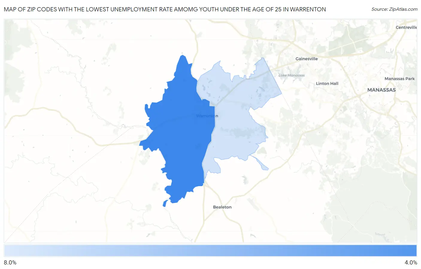Zip Codes with the Lowest Unemployment Rate Amomg Youth Under the Age of 25 in Warrenton Map
