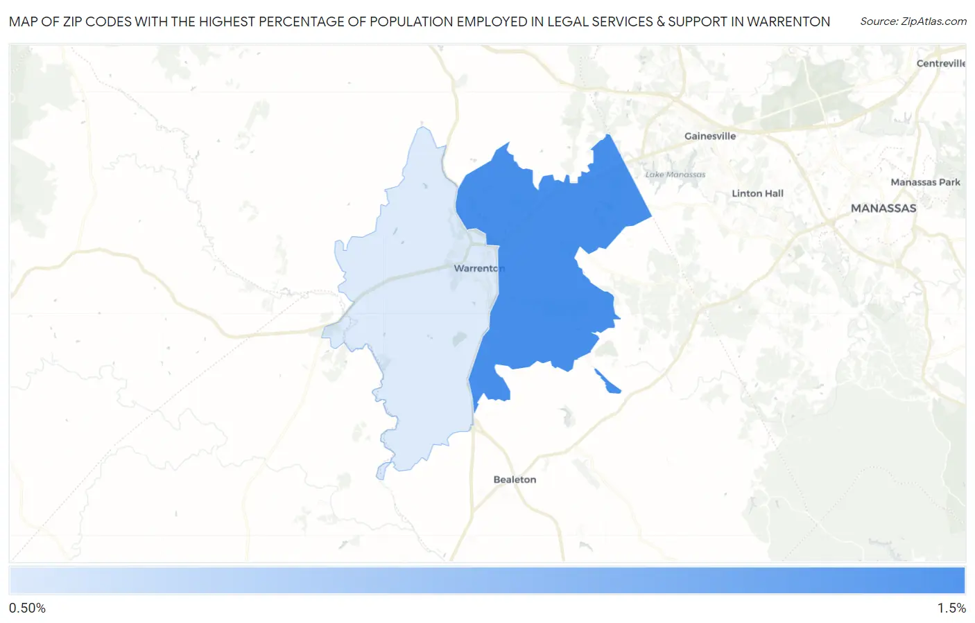 Zip Codes with the Highest Percentage of Population Employed in Legal Services & Support in Warrenton Map