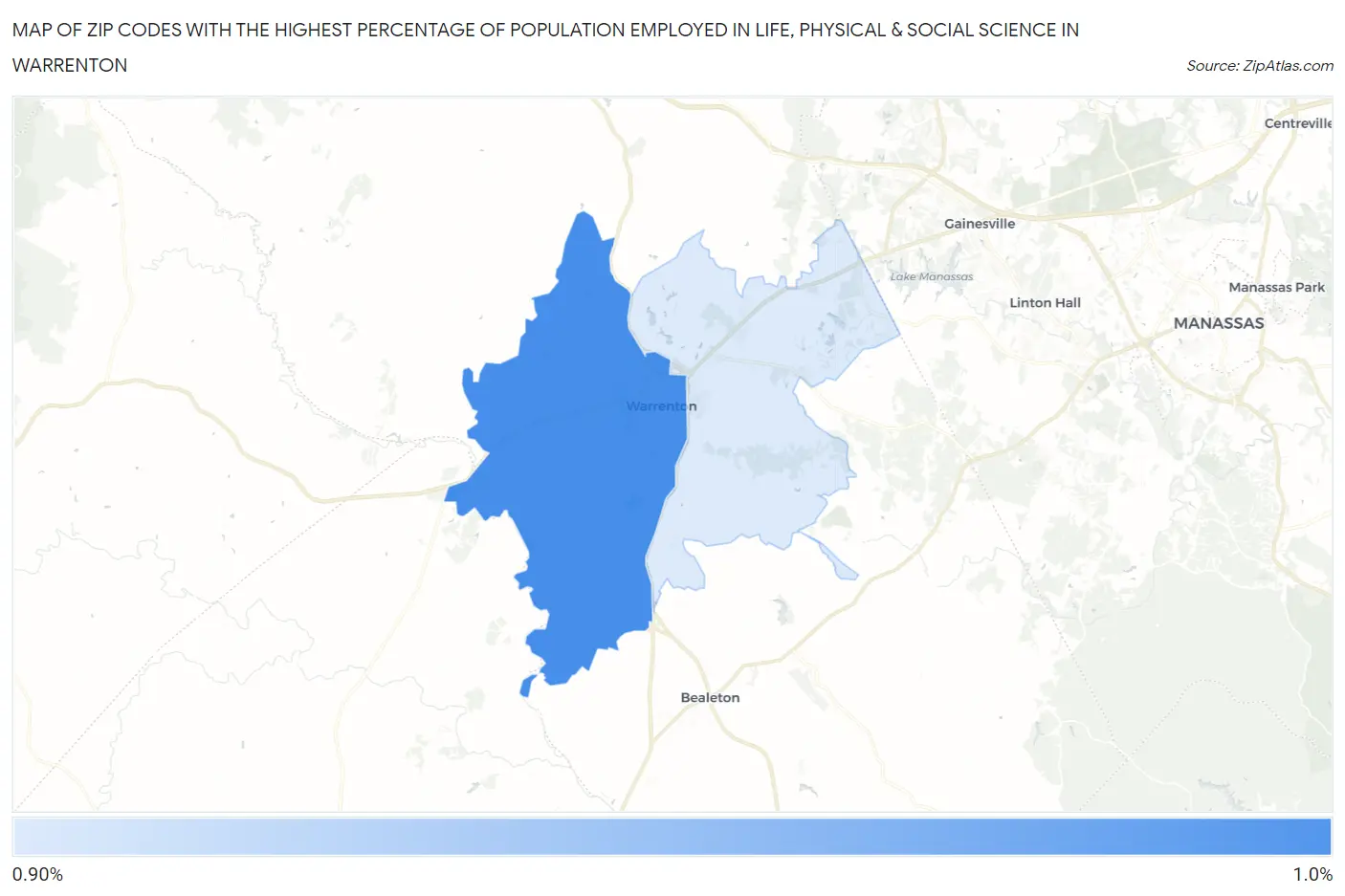 Zip Codes with the Highest Percentage of Population Employed in Life, Physical & Social Science in Warrenton Map