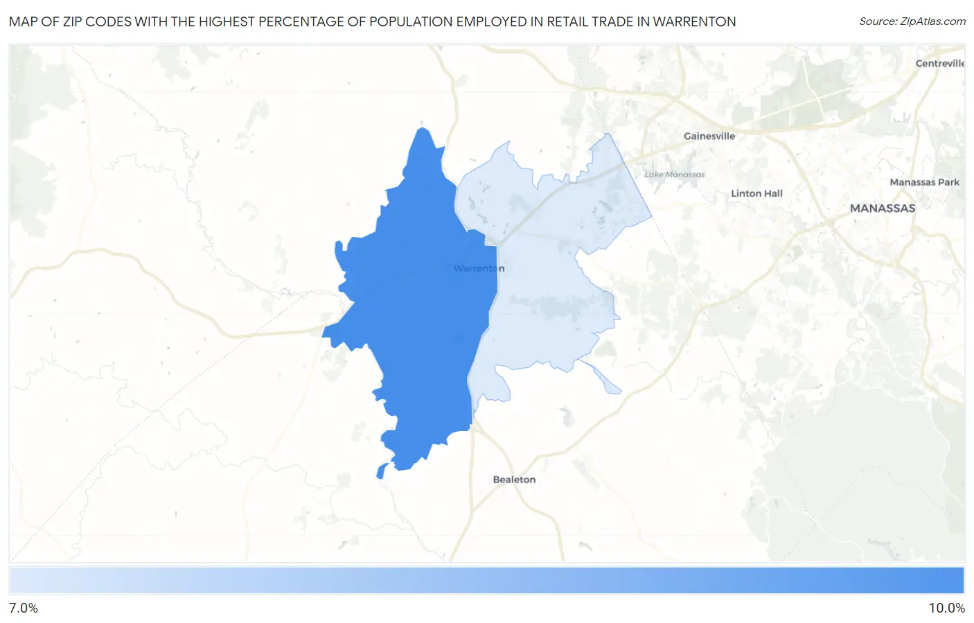 Zip Codes with the Highest Percentage of Population Employed in Retail Trade in Warrenton Map