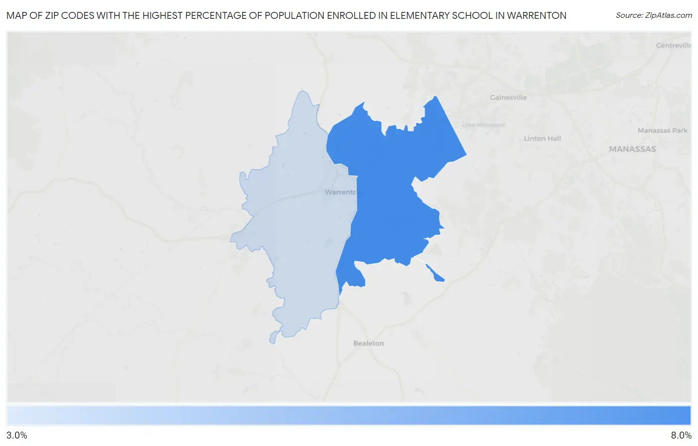 Zip Codes with the Highest Percentage of Population Enrolled in Elementary School in Warrenton Map