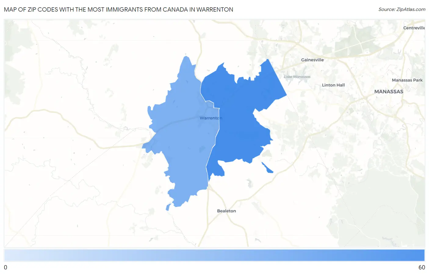 Zip Codes with the Most Immigrants from Canada in Warrenton Map
