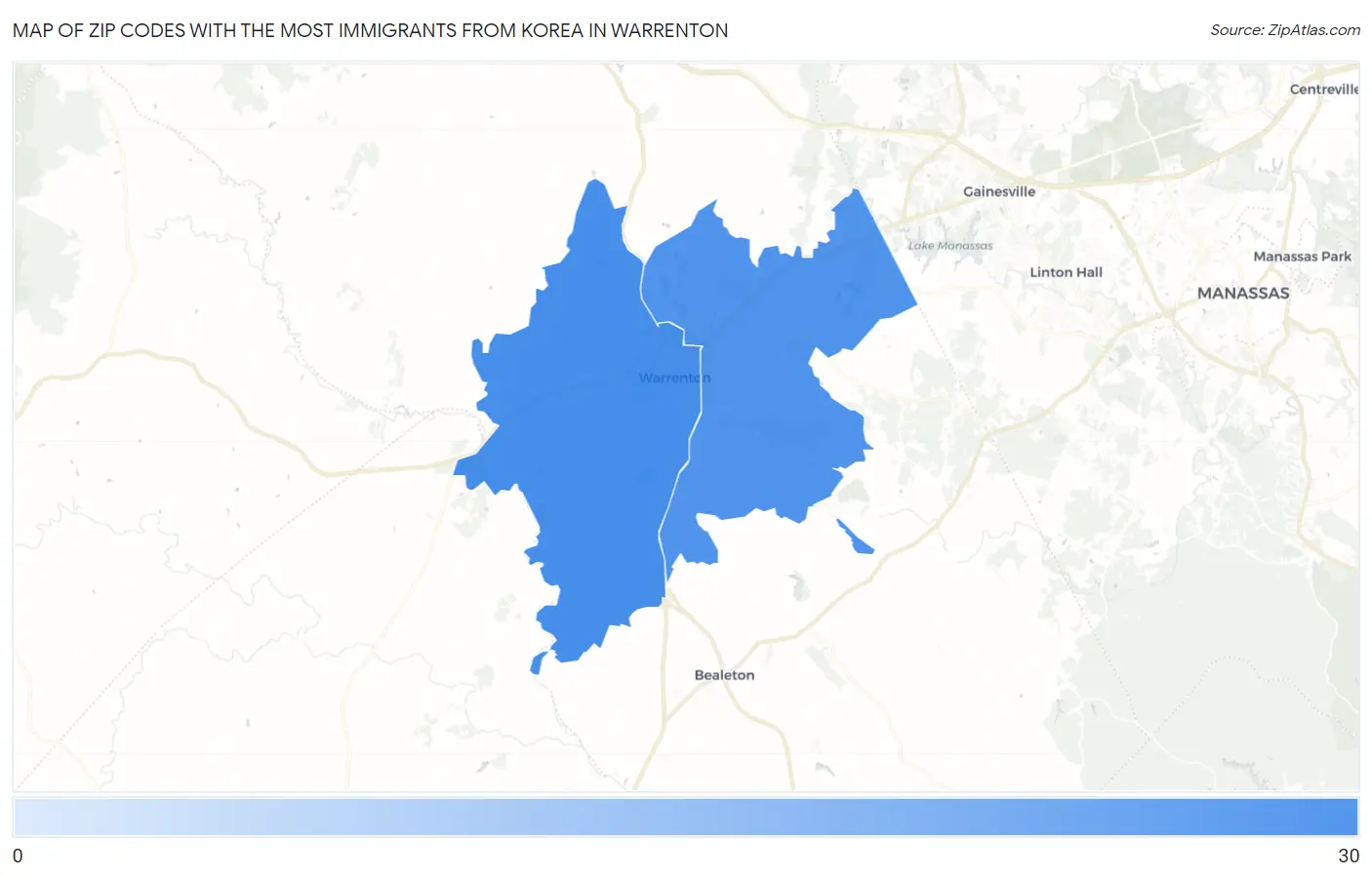 Zip Codes with the Most Immigrants from Korea in Warrenton Map