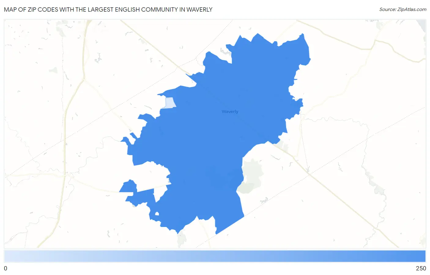 Zip Codes with the Largest English Community in Waverly Map