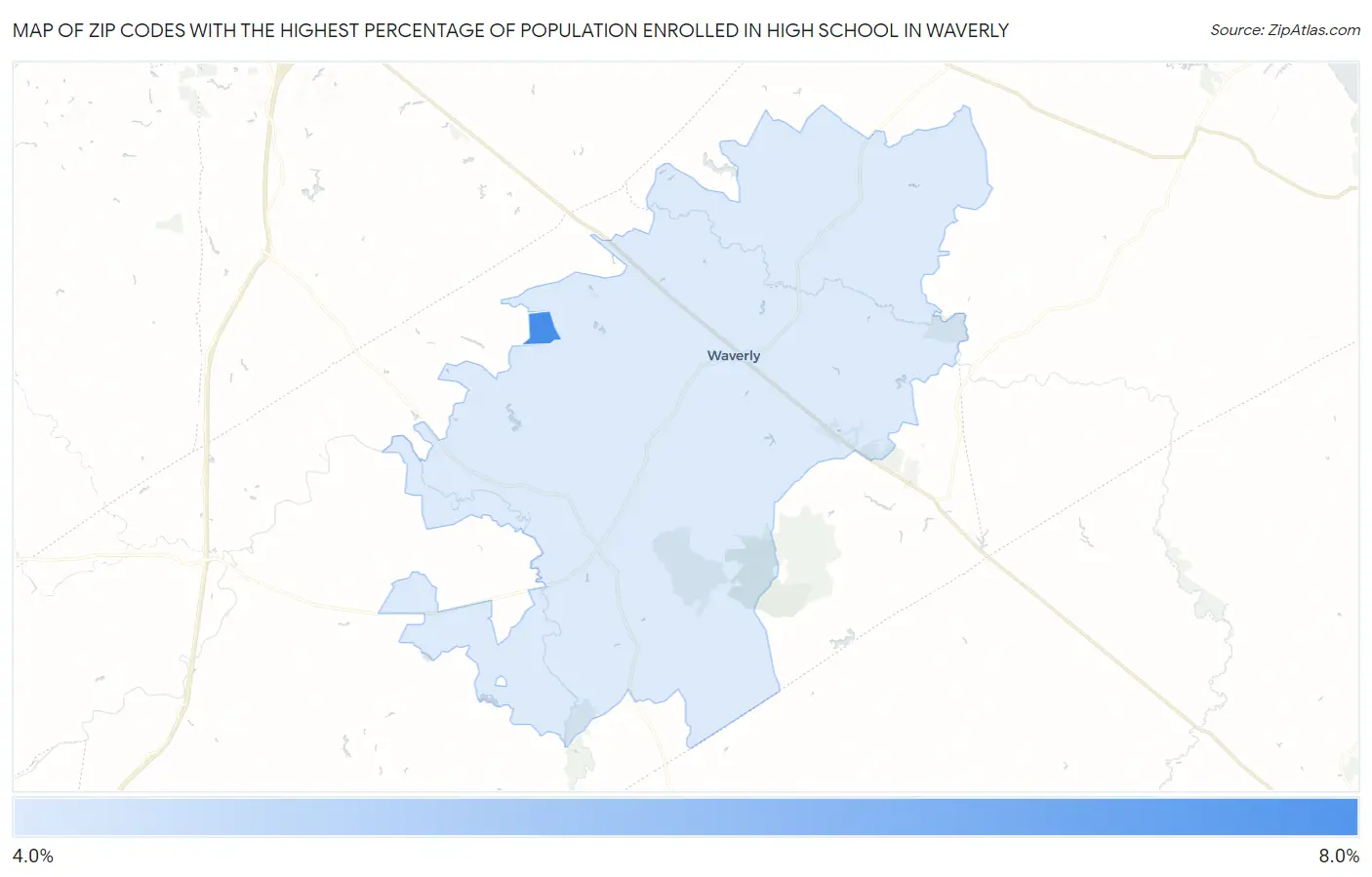Zip Codes with the Highest Percentage of Population Enrolled in High School in Waverly Map