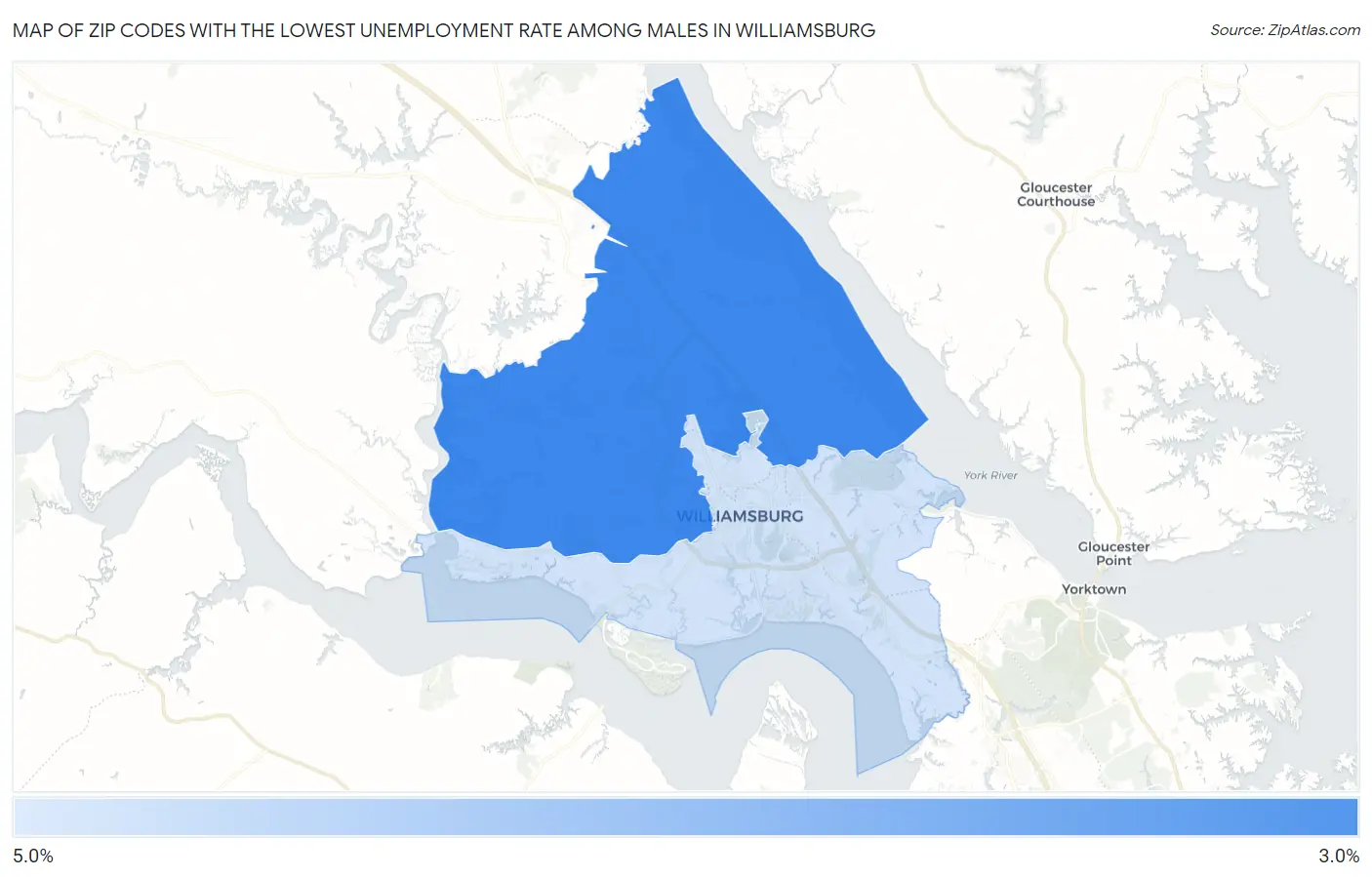 Zip Codes with the Lowest Unemployment Rate Among Males in Williamsburg Map