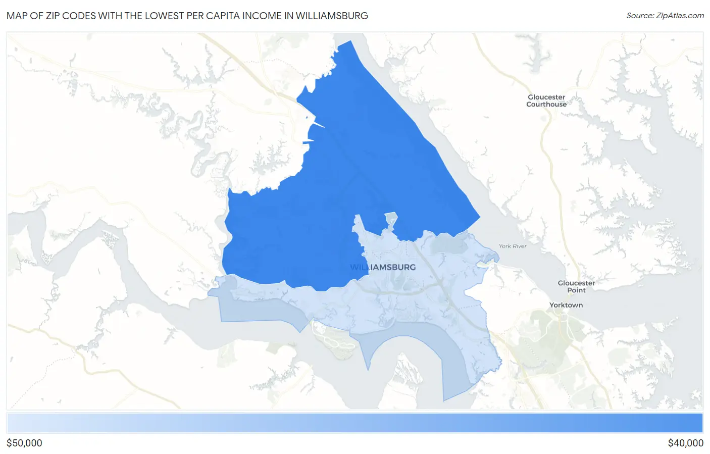 Zip Codes with the Lowest Per Capita Income in Williamsburg Map