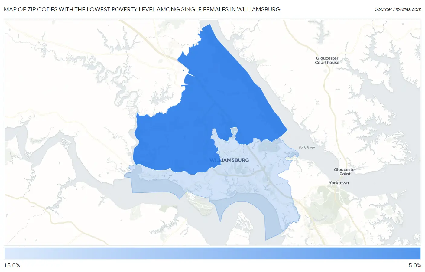 Zip Codes with the Lowest Poverty Level Among Single Females in Williamsburg Map