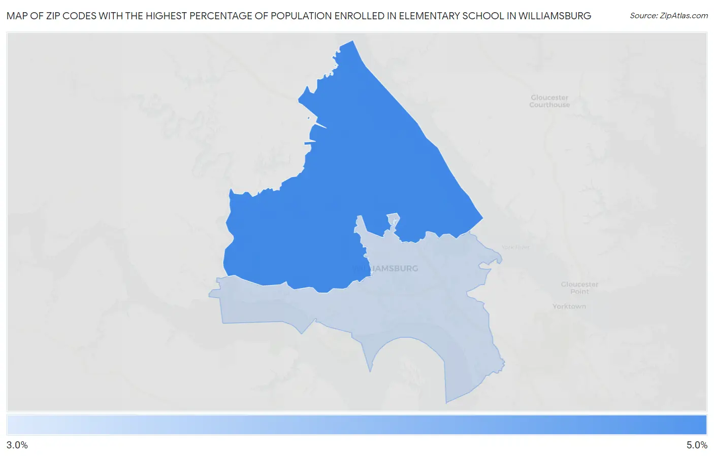 Zip Codes with the Highest Percentage of Population Enrolled in Elementary School in Williamsburg Map
