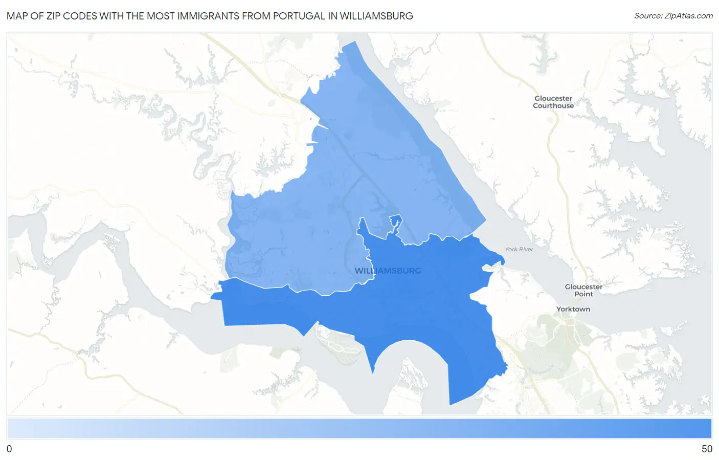 Zip Codes with the Most Immigrants from Portugal in Williamsburg Map