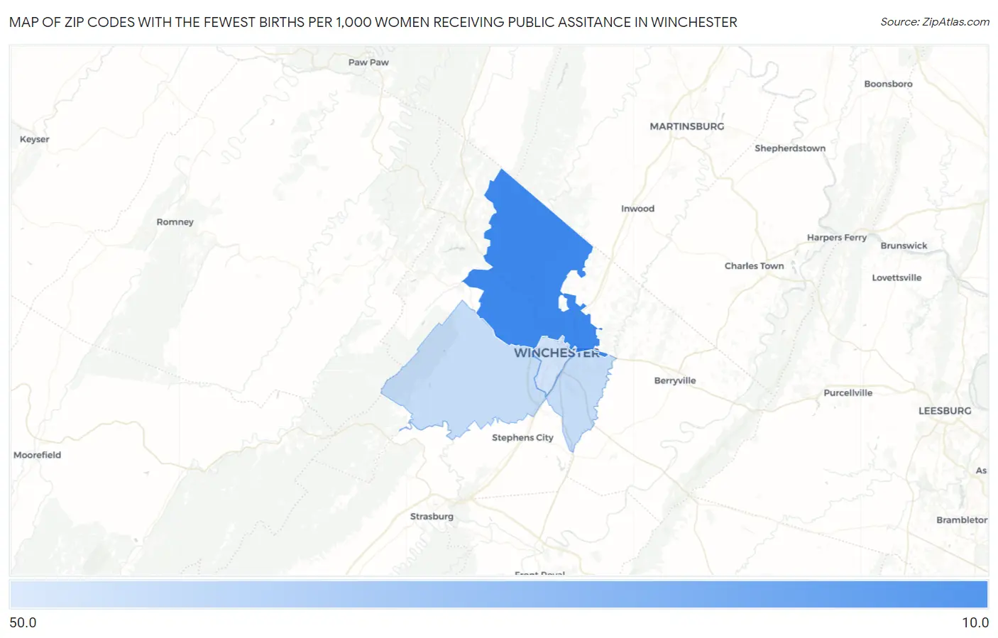 Zip Codes with the Fewest Births per 1,000 Women Receiving Public Assitance in Winchester Map