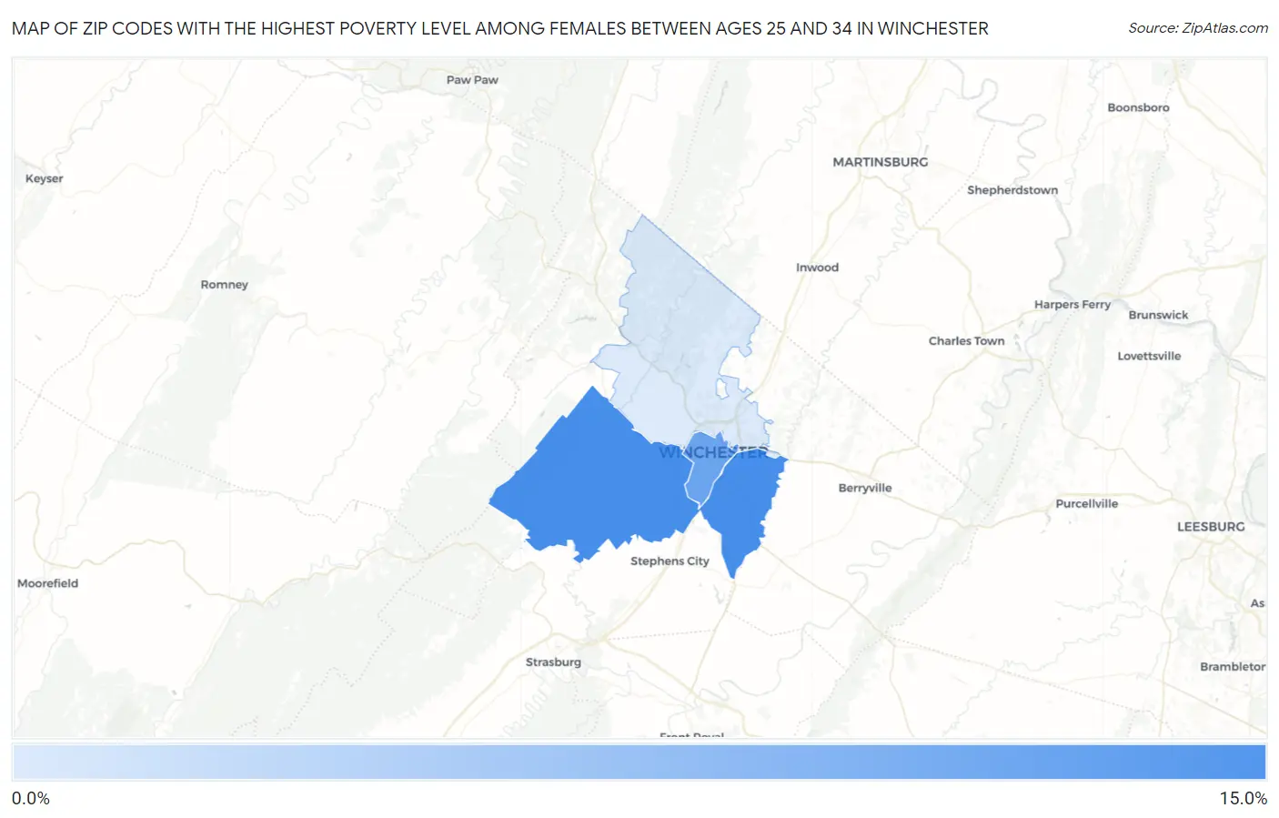 Zip Codes with the Highest Poverty Level Among Females Between Ages 25 and 34 in Winchester Map