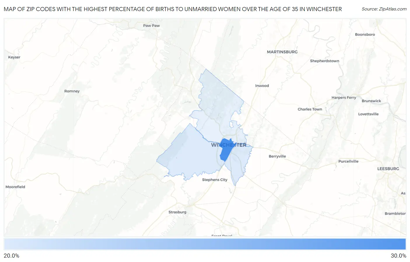 Zip Codes with the Highest Percentage of Births to Unmarried Women over the Age of 35 in Winchester Map