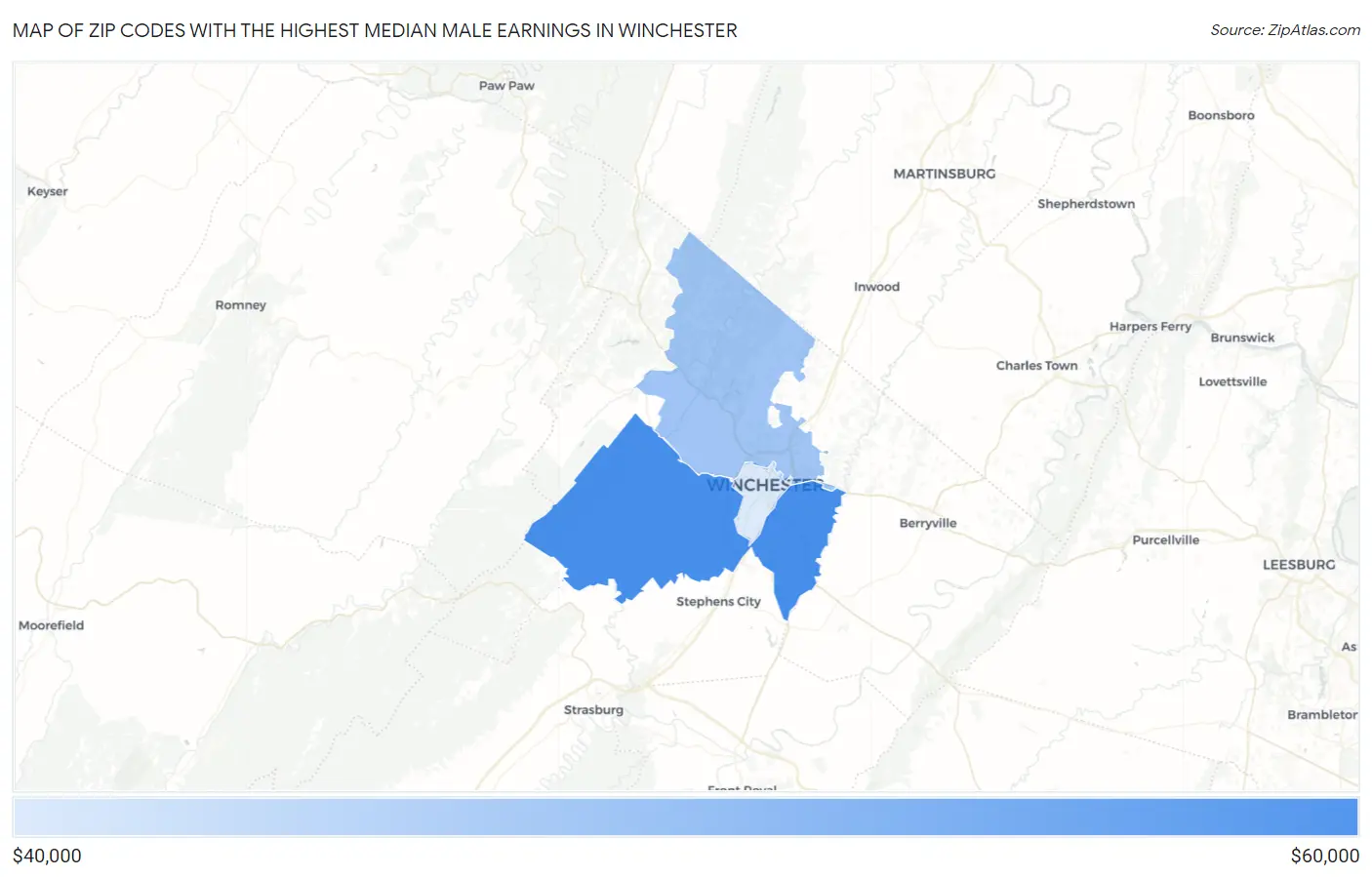 Zip Codes with the Highest Median Male Earnings in Winchester Map