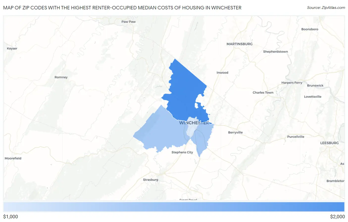 Zip Codes with the Highest Renter-Occupied Median Costs of Housing in Winchester Map