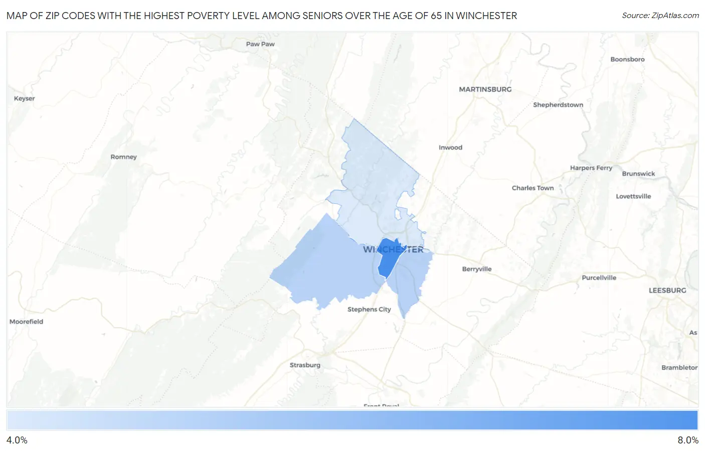 Zip Codes with the Highest Poverty Level Among Seniors Over the Age of 65 in Winchester Map