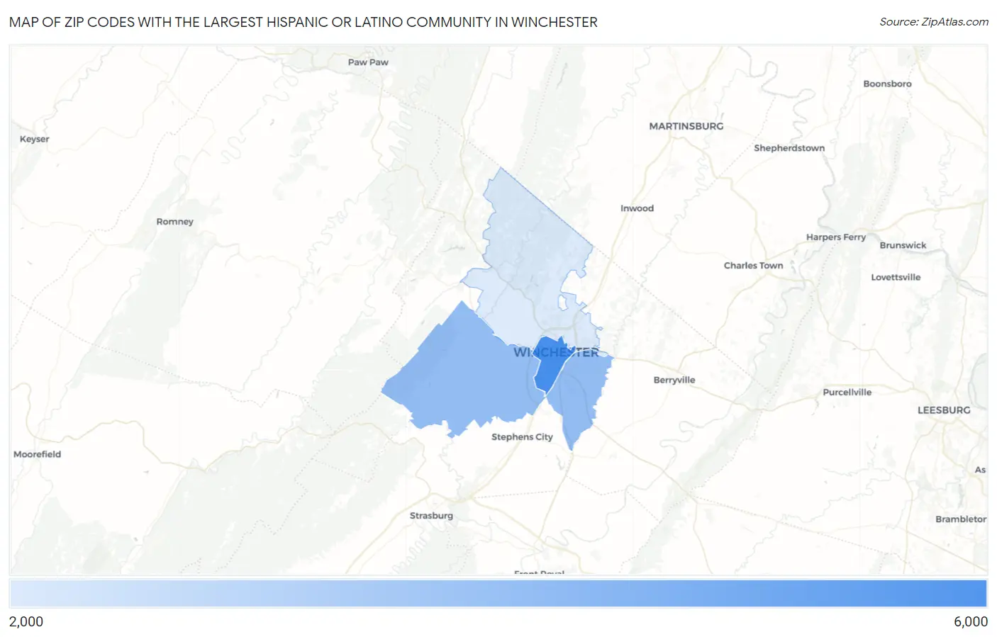 Zip Codes with the Largest Hispanic or Latino Community in Winchester Map