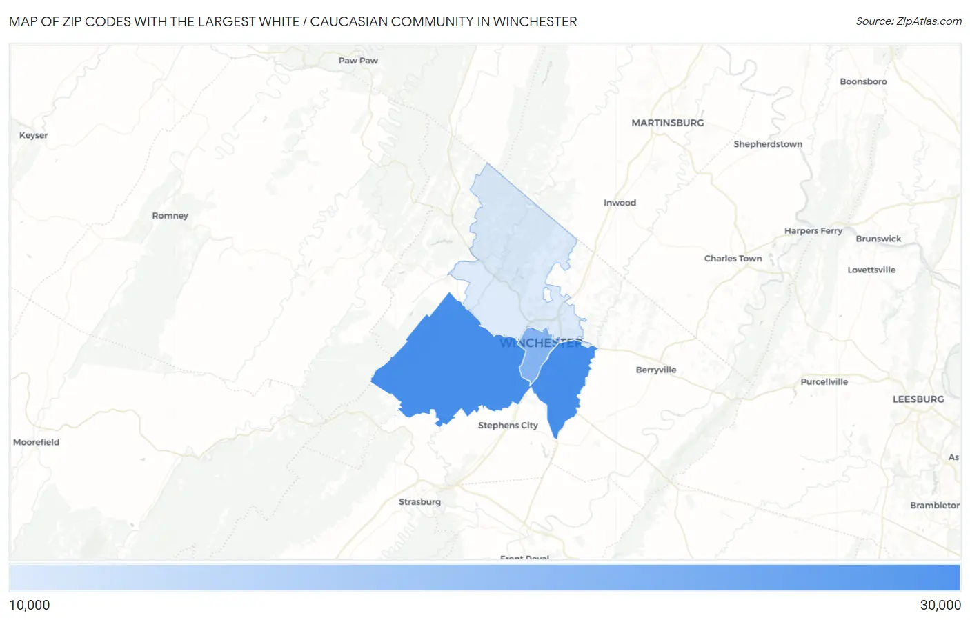 Zip Codes with the Largest White / Caucasian Community in Winchester Map