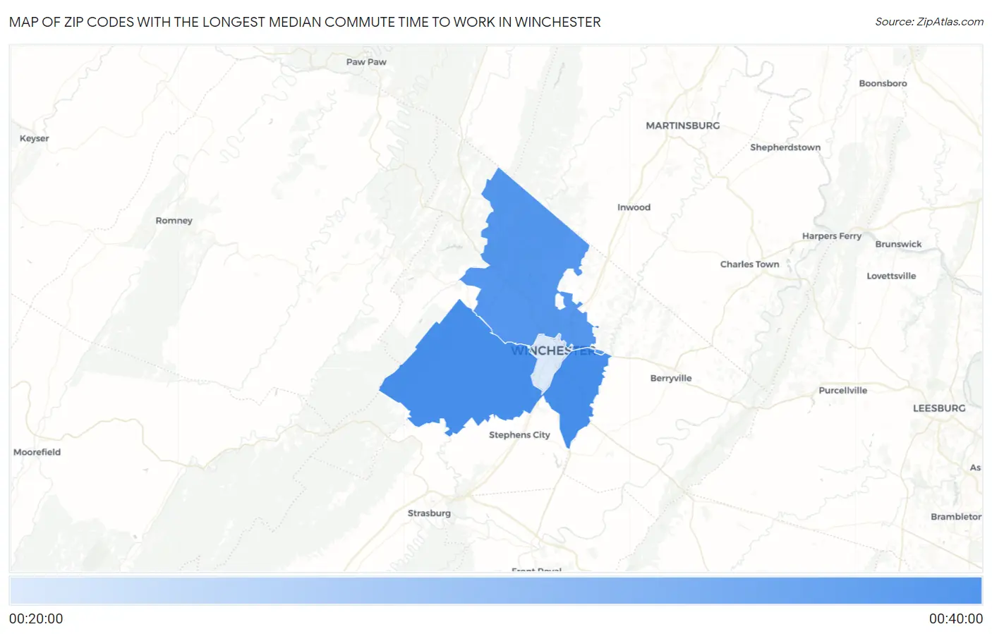 Zip Codes with the Longest Median Commute Time to Work in Winchester Map