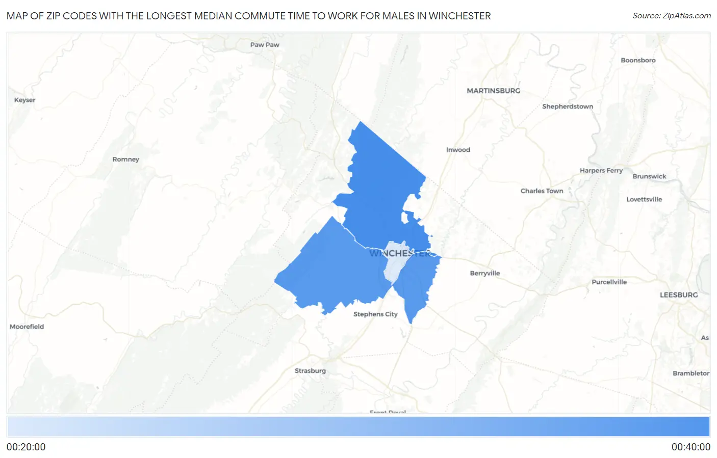 Zip Codes with the Longest Median Commute Time to Work for Males in Winchester Map