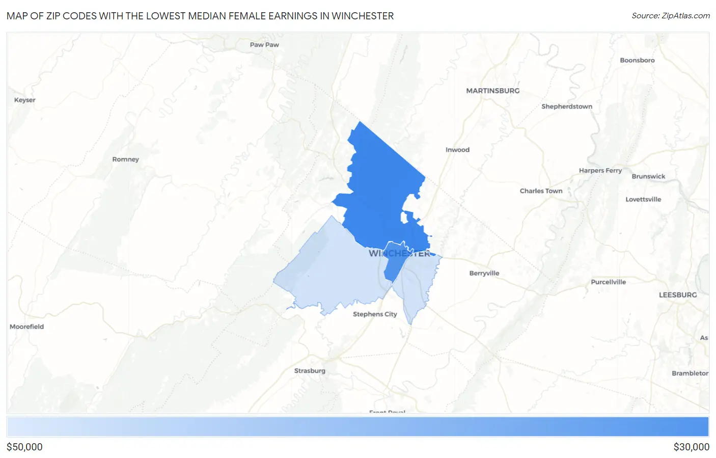 Zip Codes with the Lowest Median Female Earnings in Winchester Map