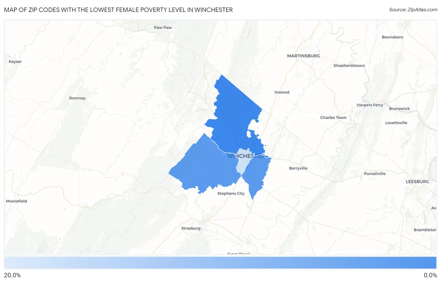 Zip Codes with the Lowest Female Poverty Level in Winchester Map