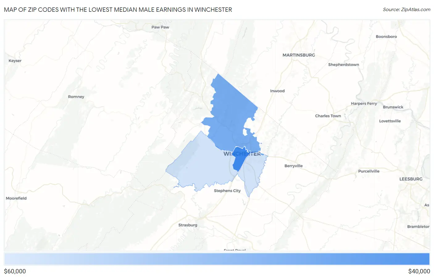 Zip Codes with the Lowest Median Male Earnings in Winchester Map